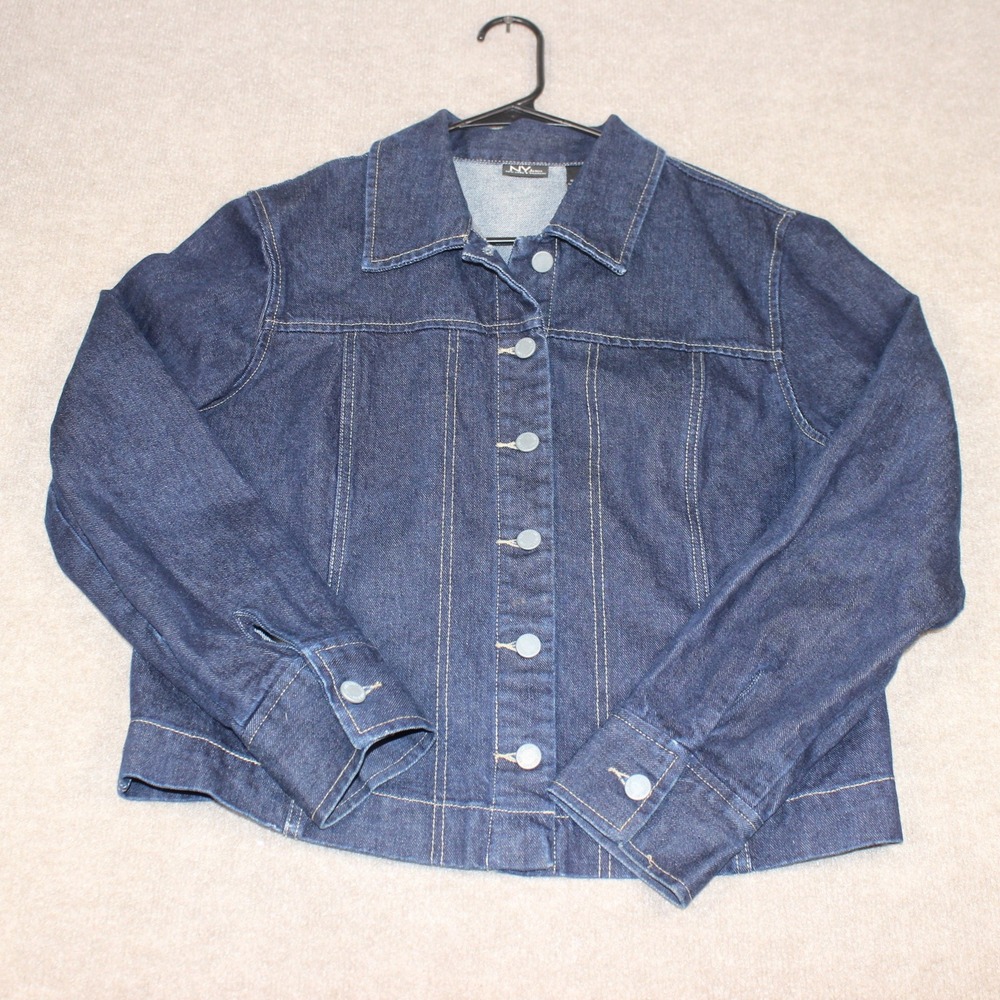NY Jeans New York & Company Dark Wash Denim Jacket Size L 100% Cotton Button Up